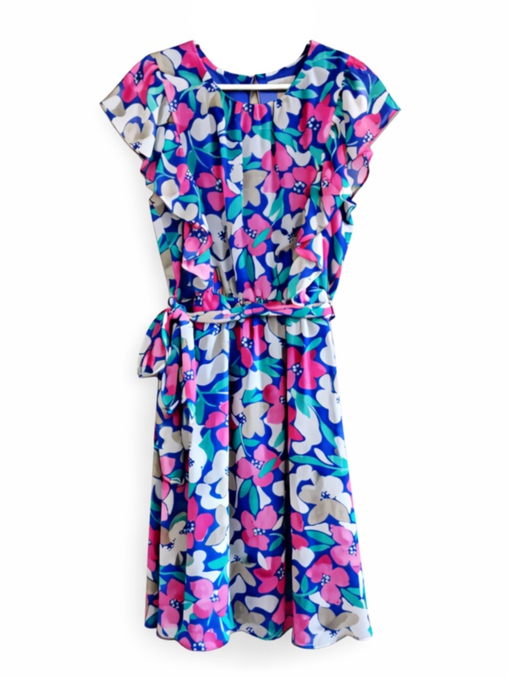Calvin Klein Blue Floral Flutter Sleeve Dress with Tie Waist – Size 12 EUC - Picture 2 of 16